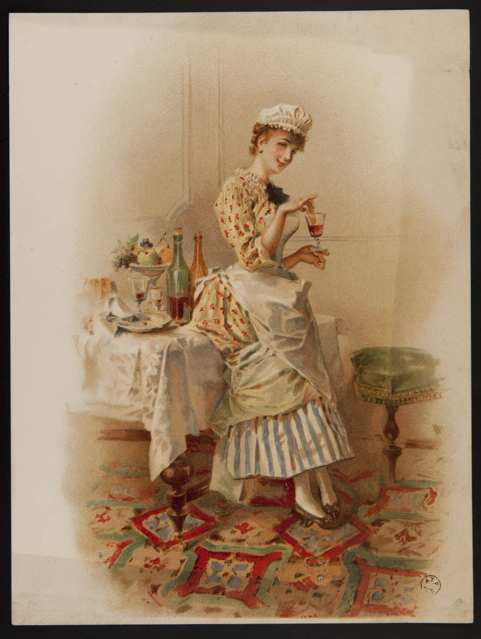 estampe Une jeune femme assise sur une table trempe son biscuit dans un verre de vin 1960.22.34 Photo