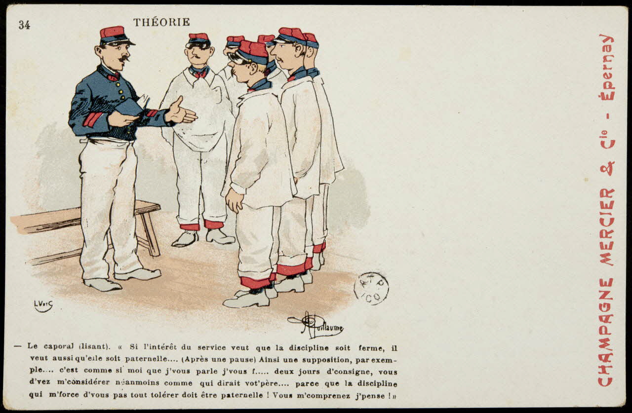 carte réclame THEORIE  - Le caporal (lisant). "Si l'intérêt du service veut que la discipline soit ferme, il  veut aussi qu'elle soit paternelle... (Après une pause) Ainsi une supposition, par exem-  ple... c'est c 1960.22.342 Photo