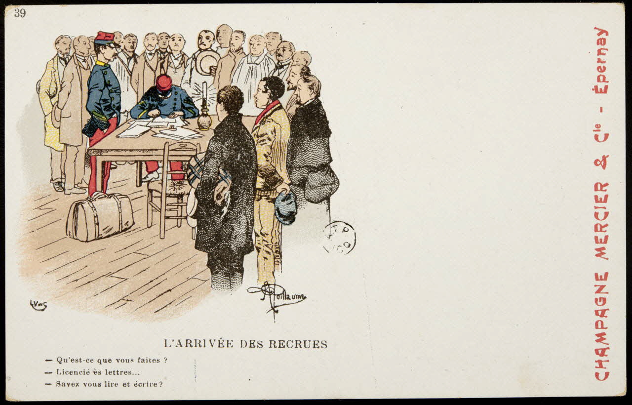 carte réclame L'ARRIVEE DES RECRUES  - Qu'est ce que vous faites ?  - Licencié ès lettres...  - Savez vous lire et écrire ? 1960.22.347 Photo