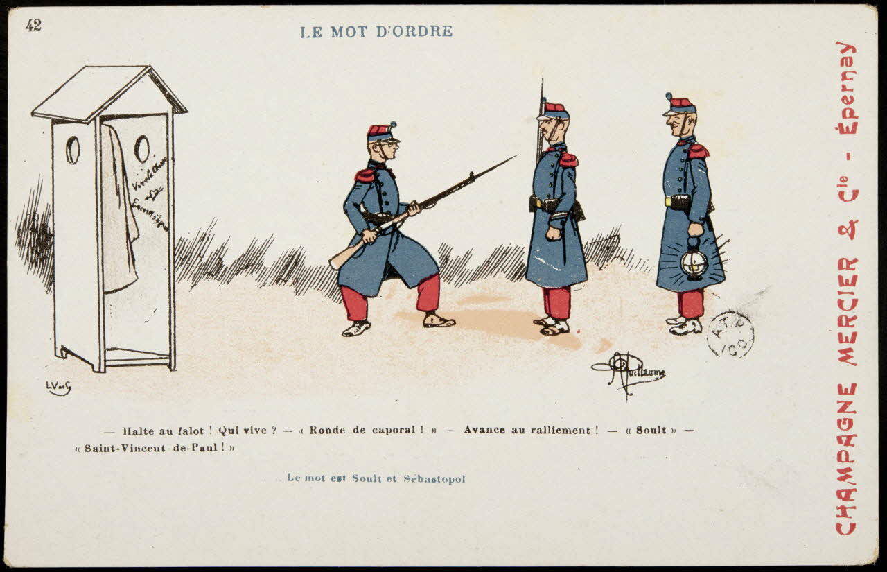 carte réclame LE MOT D'ORDRE  - Halte au falot ! Qui vive ? - "Ronde de caporal !" - Avance au ralliement ! - "Soult" -  "Saint-Vincent-de-Paul !" 1960.22.350 Photo