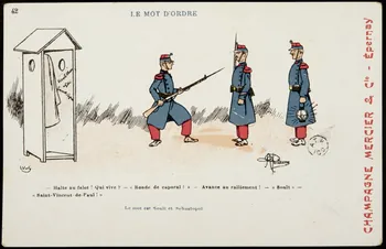carte réclame LE MOT D'ORDRE  - Halte au falot ! Qui vive ? - "Ronde de caporal !" - Avance au ralliement ! - "Soult" -  "Saint-Vincent-de-Paul !" 1960.22.350  Photo