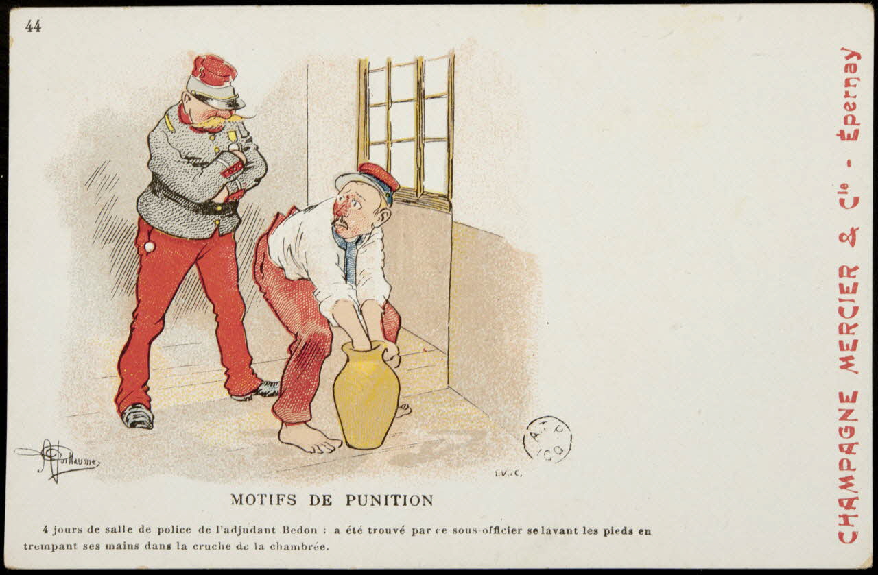 carte réclame MOTIFS DE PUNITION  4 jours de salle de police de l'adjudant Bedon : a été trouvé par ce sous-officier se lavant les pieds en  trempant ses mains dans la cruche de la chambrée. 1960.22.352 Photo