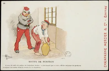 carte réclame MOTIFS DE PUNITION  4 jours de salle de police de l'adjudant Bedon : a été trouvé par ce sous-officier se lavant les pieds en  trempant ses mains dans la cruche de la chambrée. 1960.22.352  Photo