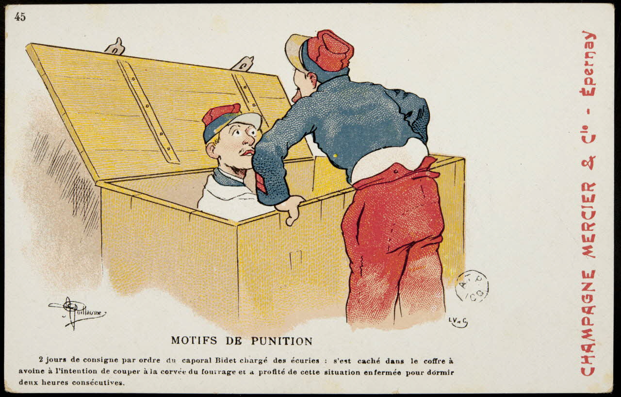 carte réclame MOTIFS DE PUNITION  2 jours de consigne par ordre du caporal Binet charge des écuries : s'est caché dans le coffre à  avoine à l'intention de couper à la corvée du fourrage et a profité de cette situa 1960.22.353 Photo