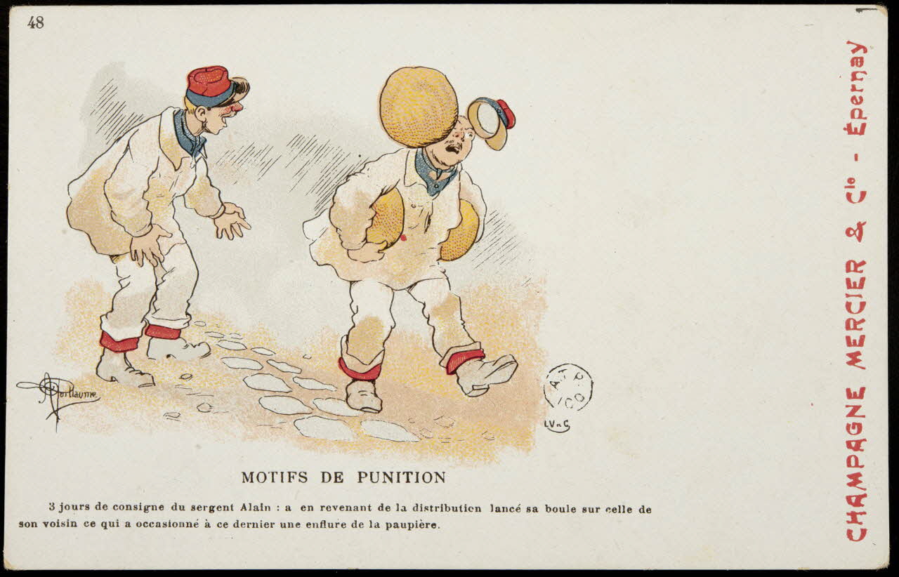 carte réclame MOTIFS DE PUNITION  3 jours de consigne du sergent Alain : a en revenant de la distribution lancé sa boule sur celle de  son voisin ce qui a occasionné à ce dernier une enflure de la paupière. 1960.22.356 Photo