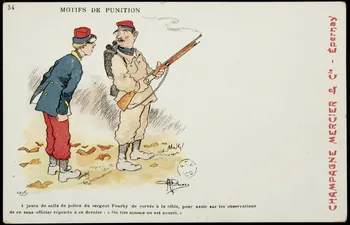 carte réclame MOTIFS DE PUNITION  4 jours de salle de police du sergent Fourby de corvée à la cible, pour avoir sur les observations  de ce sous-officier répondu à ce-dernier : "On tire comme on est nourri." 1960.22.362  Photo