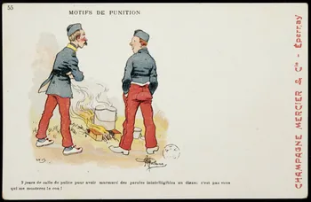 carte réclame MOTIFS DE PUNITION  2 jours de salle de police pour avoir murmuré des paroles inintelligibles en disant c'est pas vous  qui me monterez le cou ! 1960.22.363  Photo