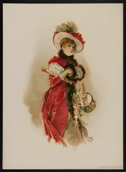 estampe Femme en manteau et chapeau rouge portant des jouets 1960.22.48 Photo