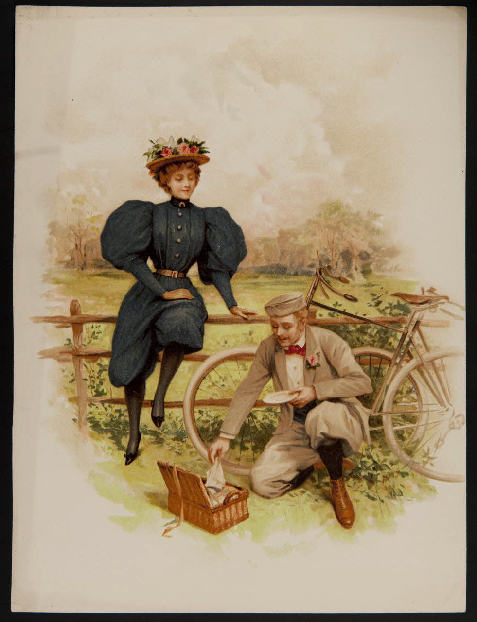 estampe Un homme et une femme en tenue de cycliste 1890 s'arrêtent pour pique-niquer 1960.22.55 Photo