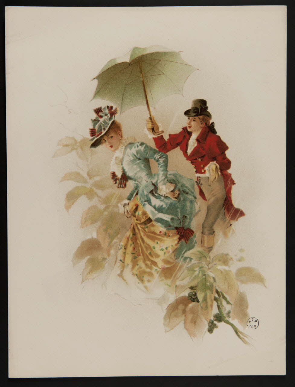 estampe Couple en costume XVIIIe en promenade sous la pluie 1960.22.68 Photo
