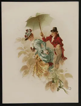 estampe Couple en costume XVIIIe en promenade sous la pluie 1960.22.68  Photo