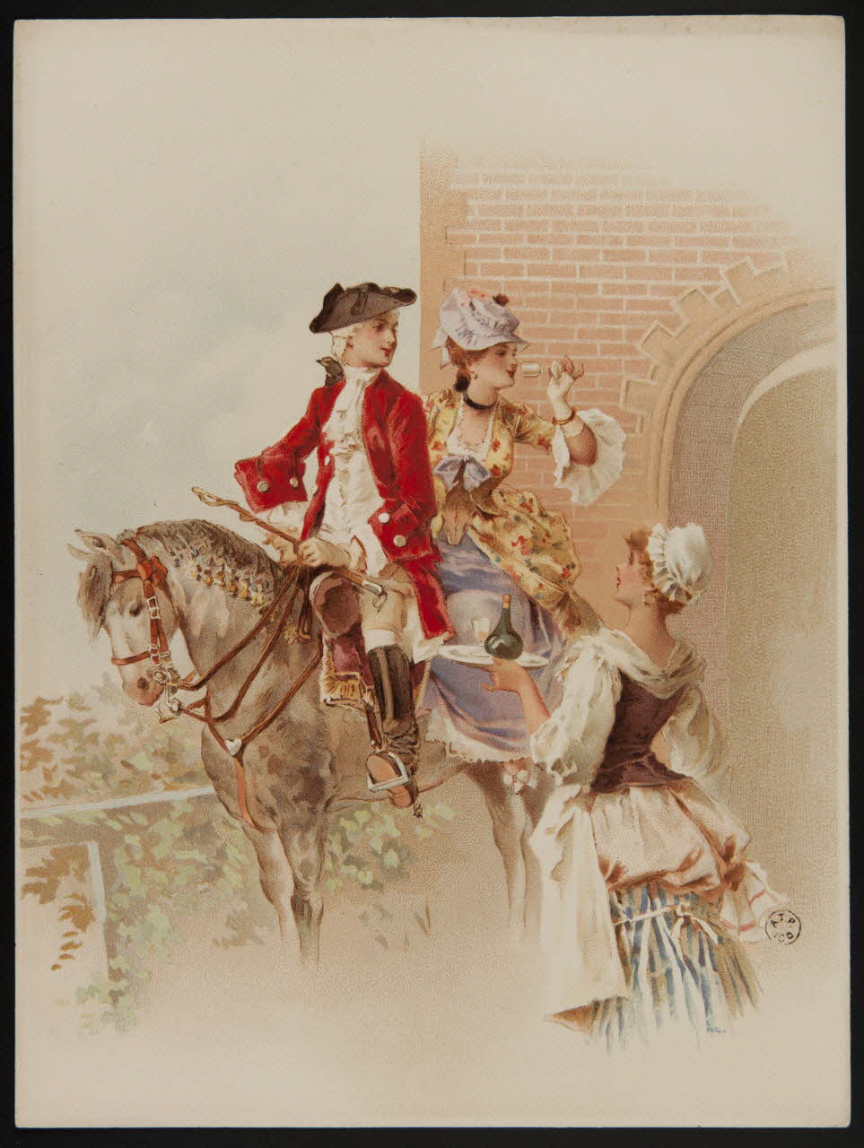 estampe Couple du XVIIIe à cheval tandis qu'une servante sert à boire à la cavalière 1960.22.69 Photo