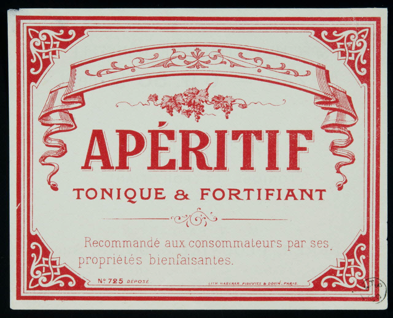étiquette publicitaire APERITIF  TONIQUE & FORTIFIANT 1960.66.191 Photo