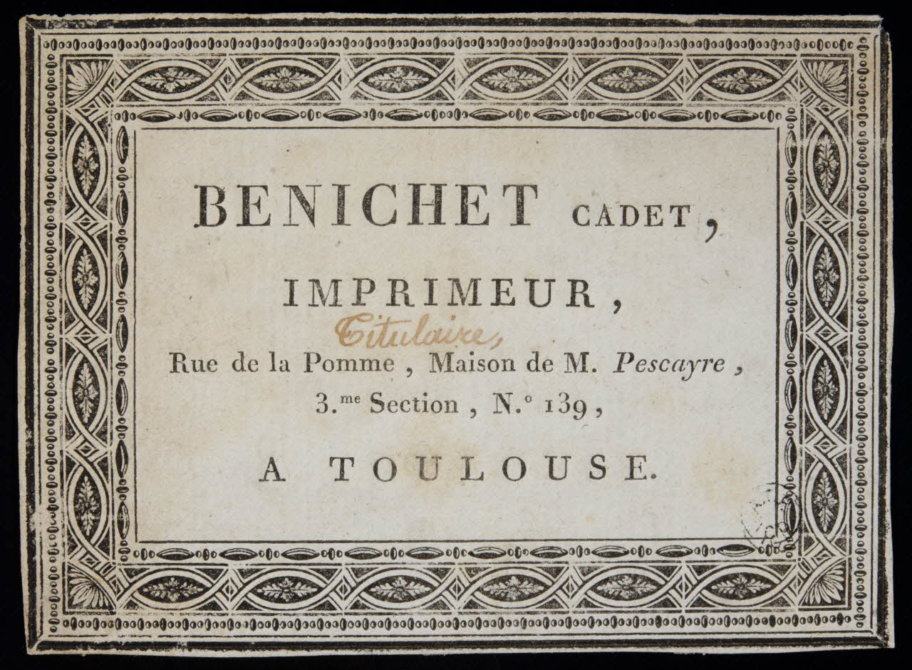 carte réclame BENICHET CADET,  IMPRIMEUR, 1960.66.208 Photo