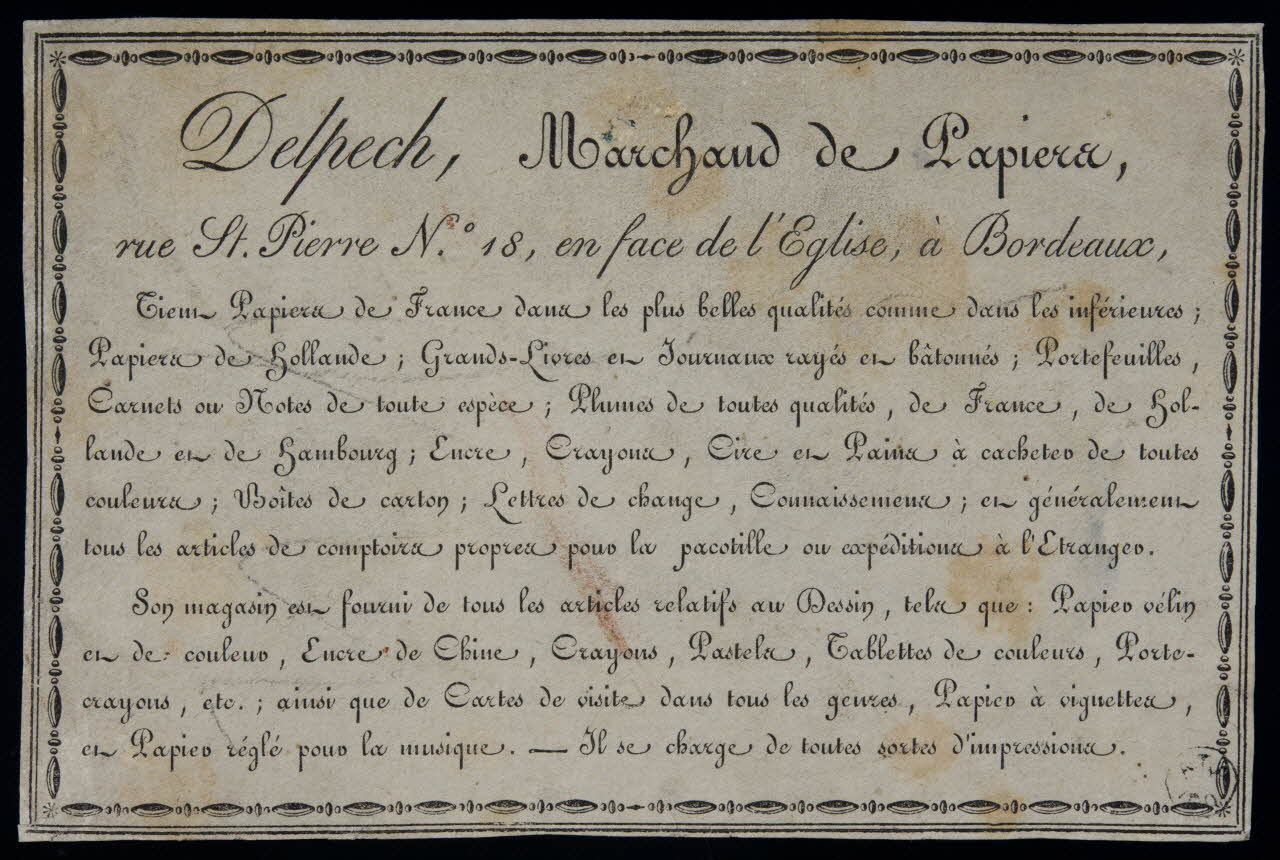 étiquette publicitaire Delpech, Marchand de Papiers 1960.66.209 Photo