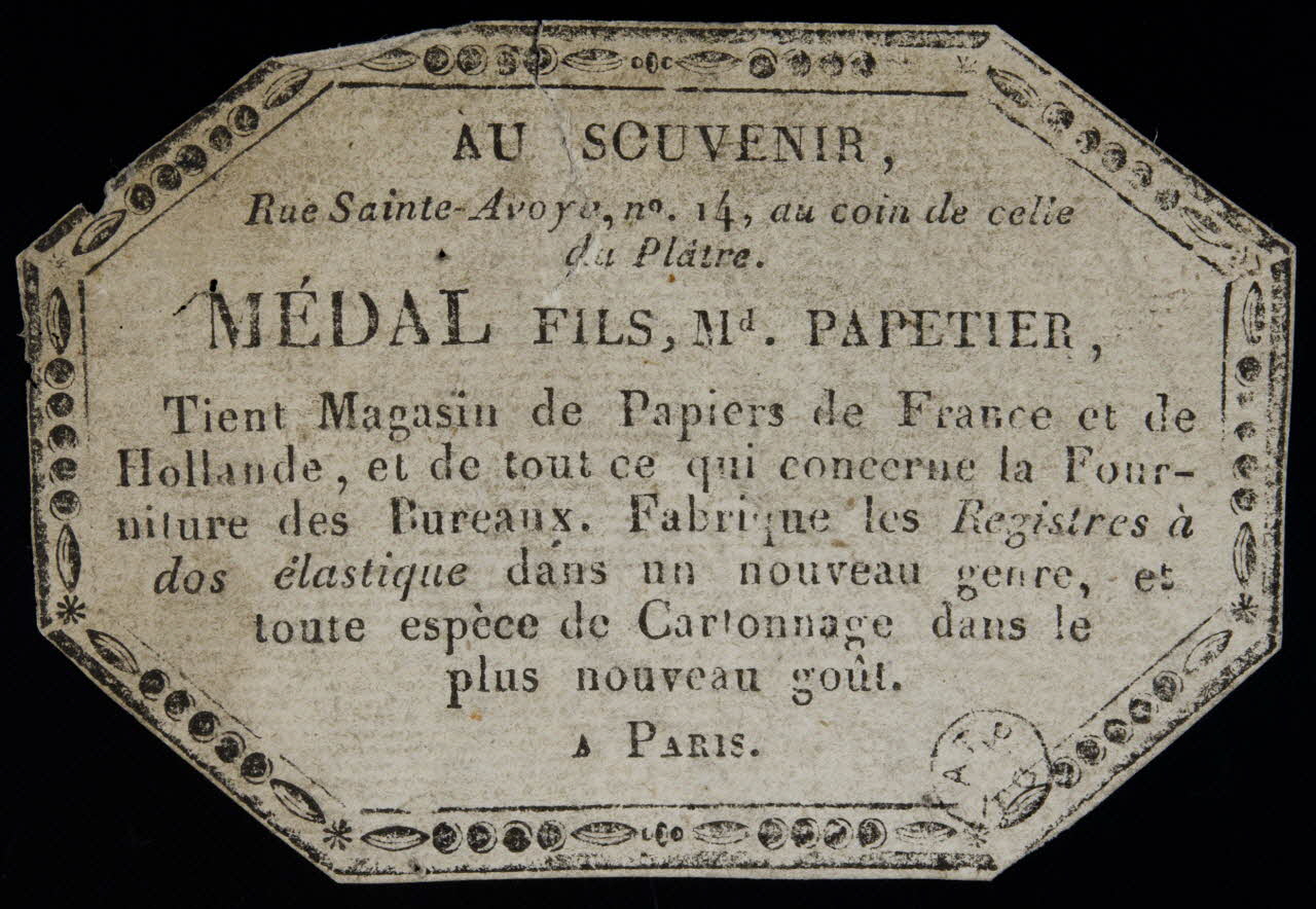 carte réclame AU SOUVENIR,  MEDAL FILS, Md, PAPETIER, 1960.66.223 Photo