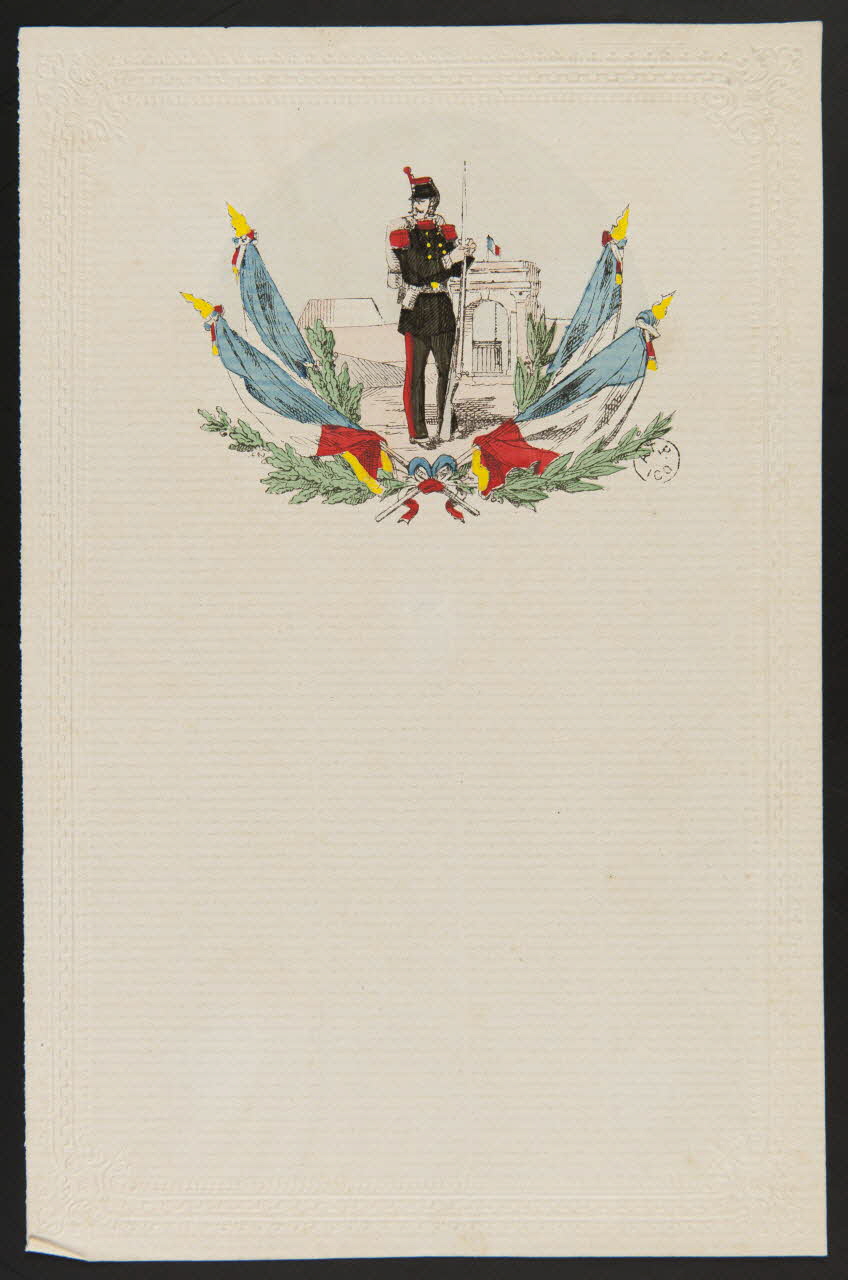 estampe Papier à lettre orné d'une figure de soldat avec drapeaux français 1960.66.338  Photo