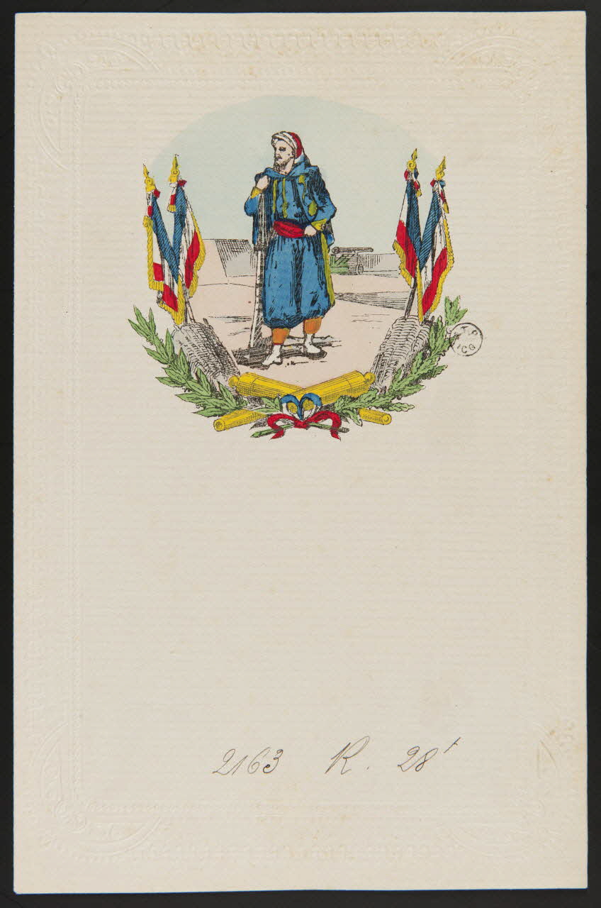 estampe Papier à lettre orné d'une figure d'un soldat de la Légion étrangère avec drapeaux français 1960.66.340 Photo