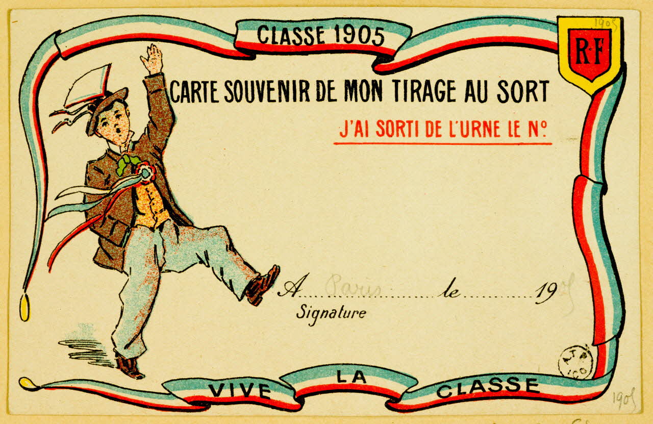 estampe CLASSE 1905  CARTE SOUVENIR DE MON TIRAGE AU SORT 1961.20.576 Photo
