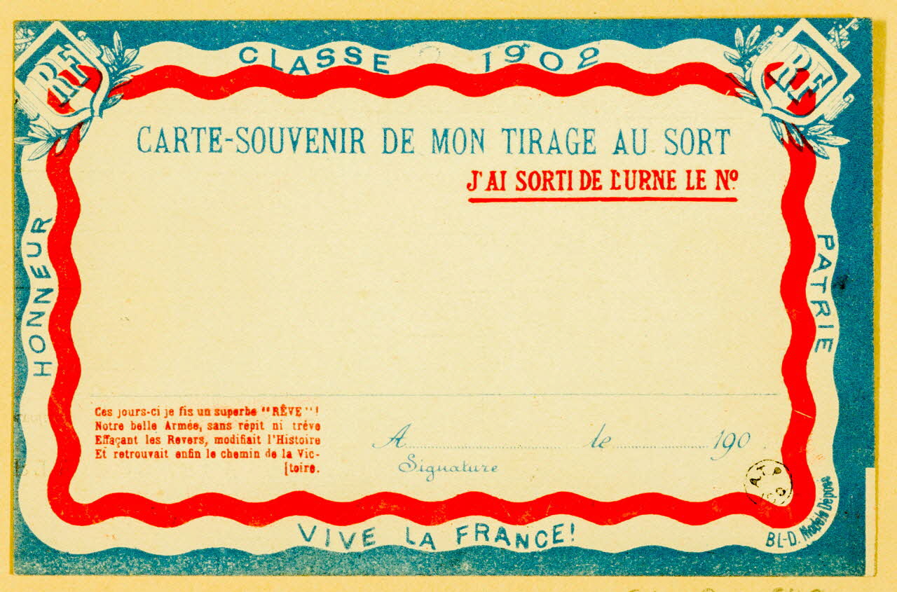 estampe CLASSE 1902  CARTE-SOUVENIR DE MON TIRAGE AU SORT 1961.20.579 Photo