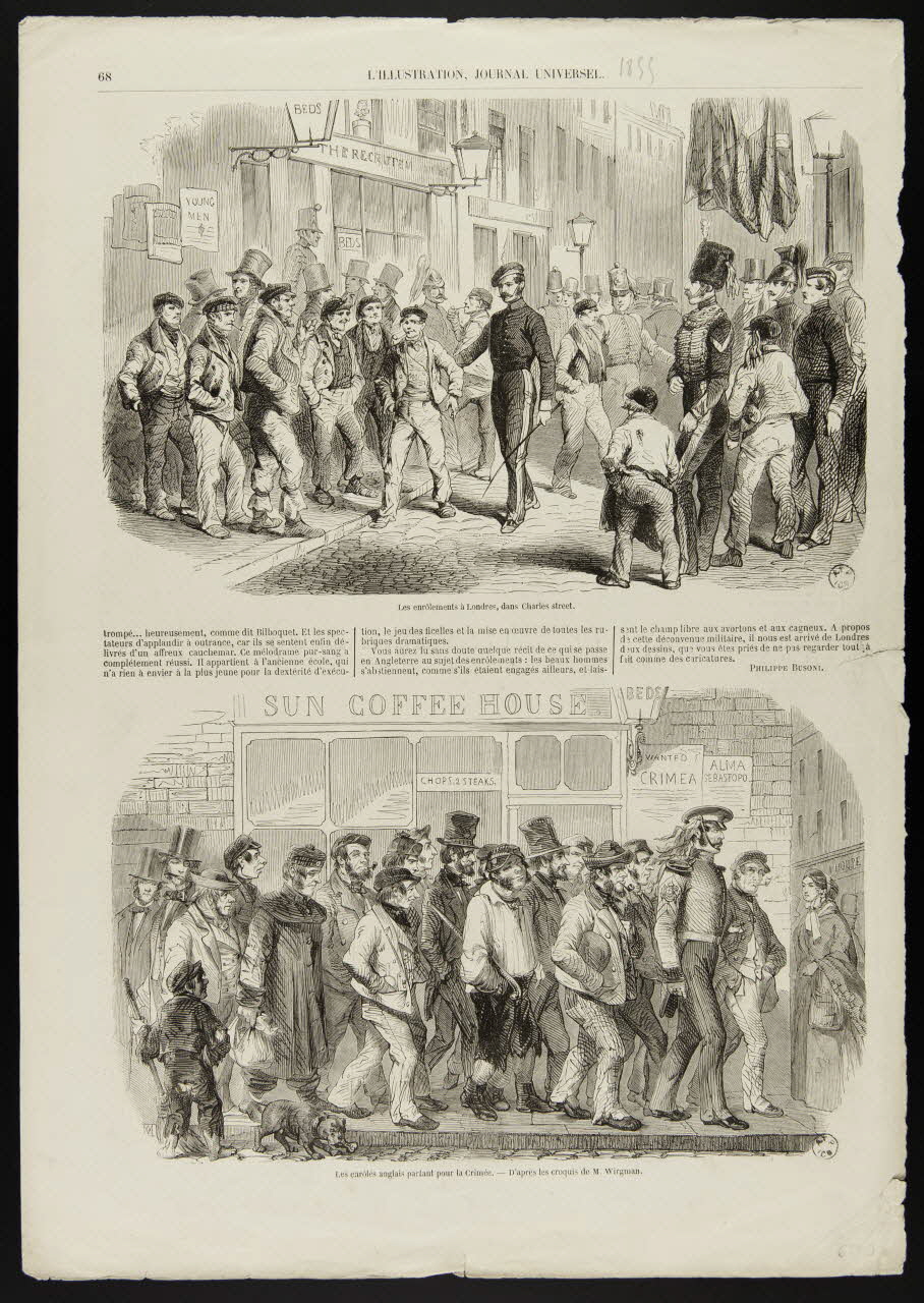 estampe Les enrôlements à Londres, dans Charles street.  Les enrôlés anglais partant pour la Crimée. 1961.20.648 Photo