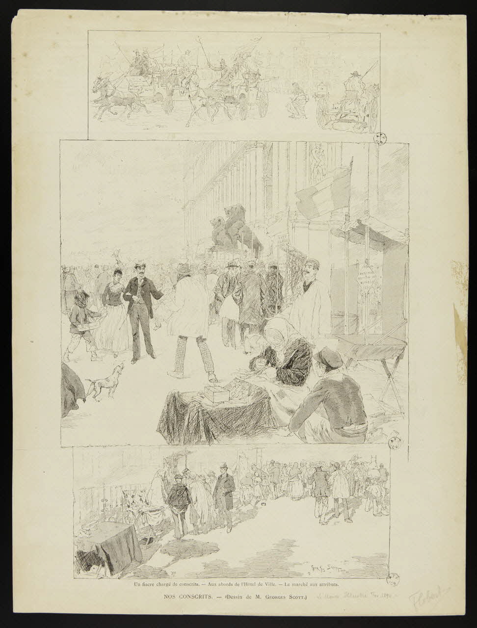 estampe Un fiacre chargé de conscrits. - Aux abords de l'Hôtel de Ville. - Le marché aux attributs.  NOS CONSCRITS 1961.20.650 Photo