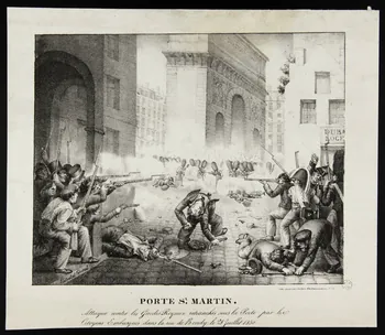 estampe PORTE St. MARTIN.  Attaque contre les Gardes Royaux retranchés sous la Porte par les  Citoyens Embusqués dans la rue de Bondy, le 28 Juillet 1830. 1961.51.22  Photo