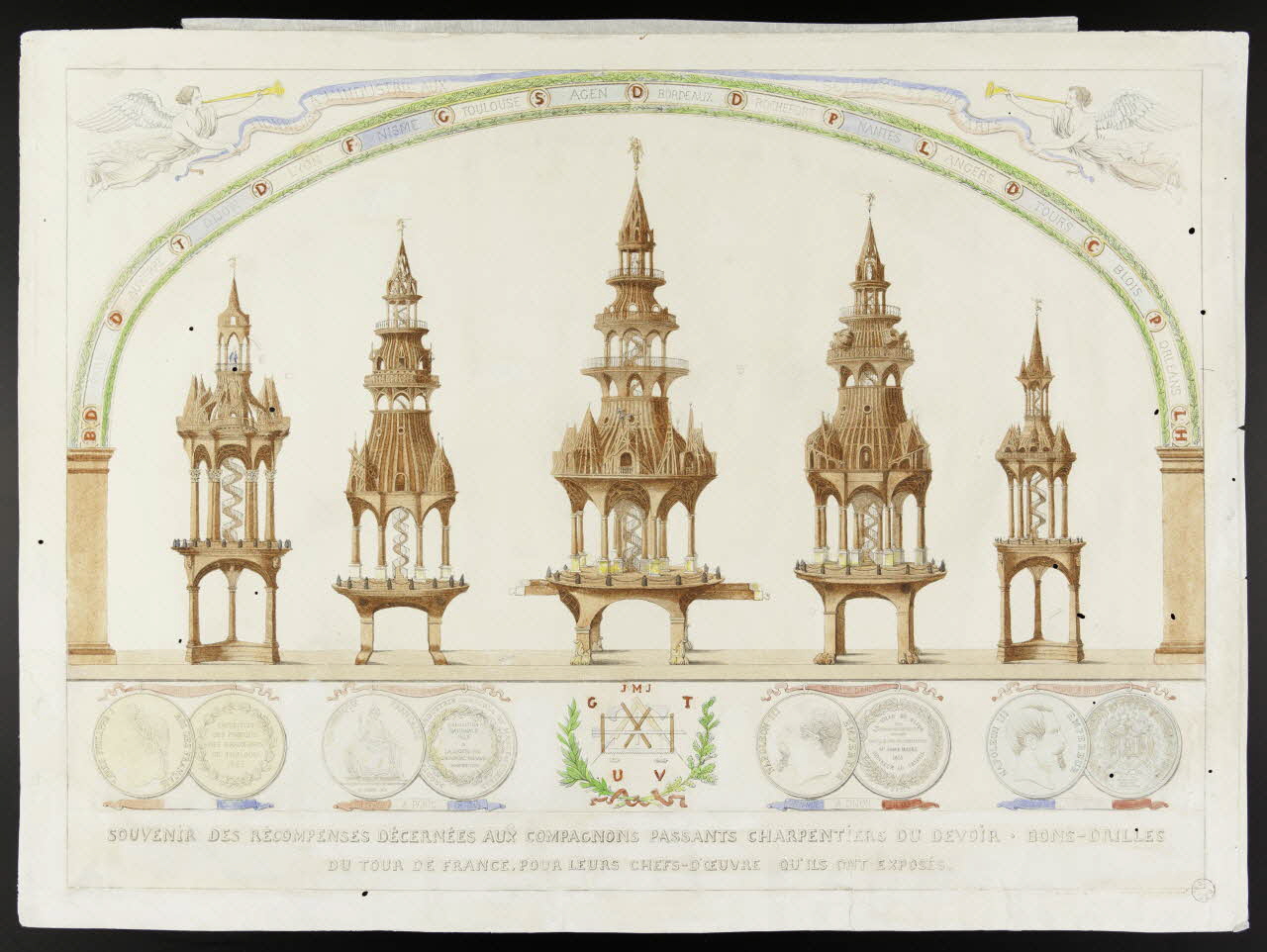 estampe SOUVENIR DES RECOMPENSES DECERNEES AUX COMPAGNONS PASSANTS CHARPENTIERS DU DEVOIR. BONS-DRILLES  DU TOUR DE FRANCE, POUR LEURS CHEFS-D'OEUVRE QU'ILS ONT EXPOSES. 1961.66.72 Photo