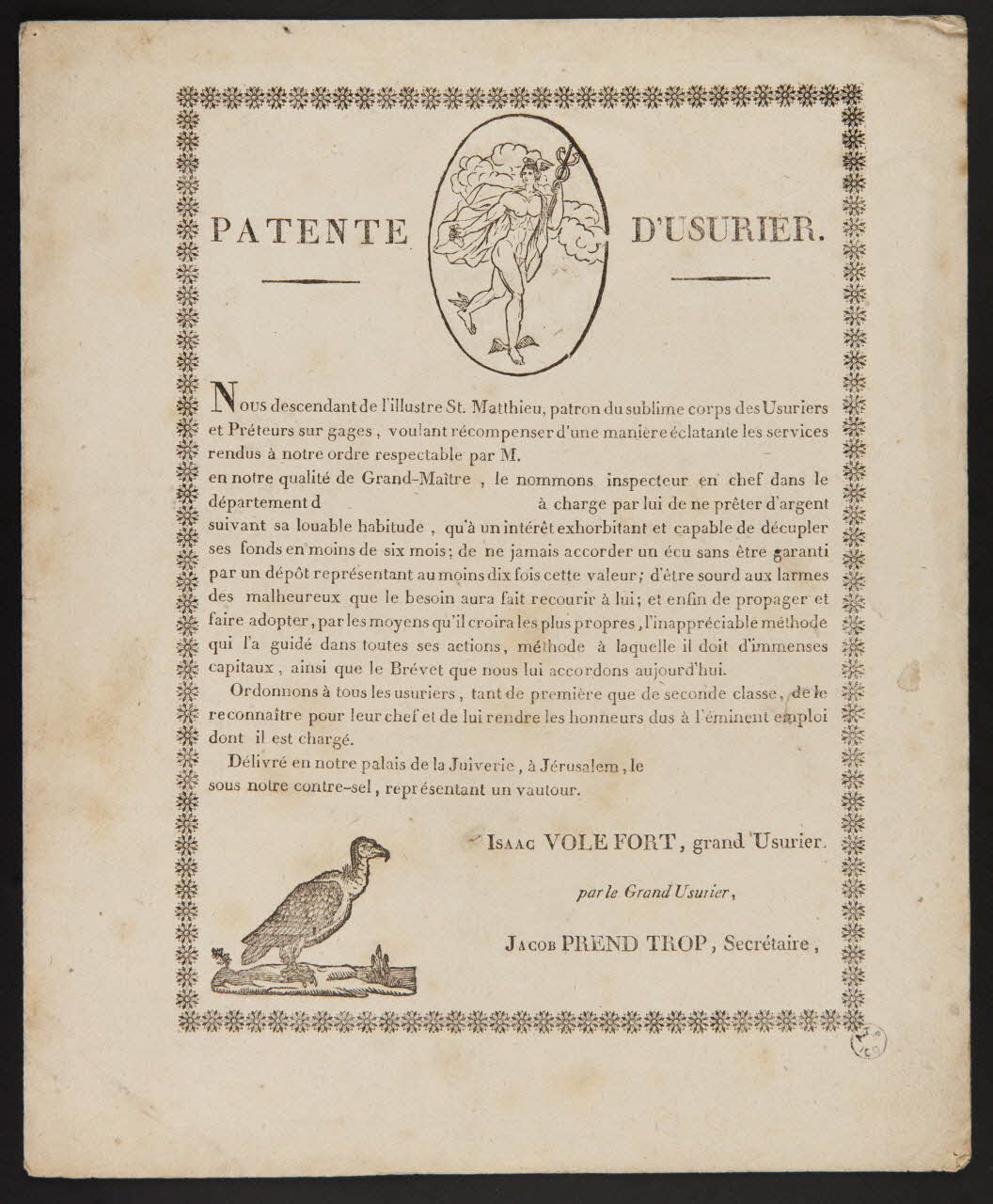 estampe PATENTE D'USURIER. 1962.124.13 Photo