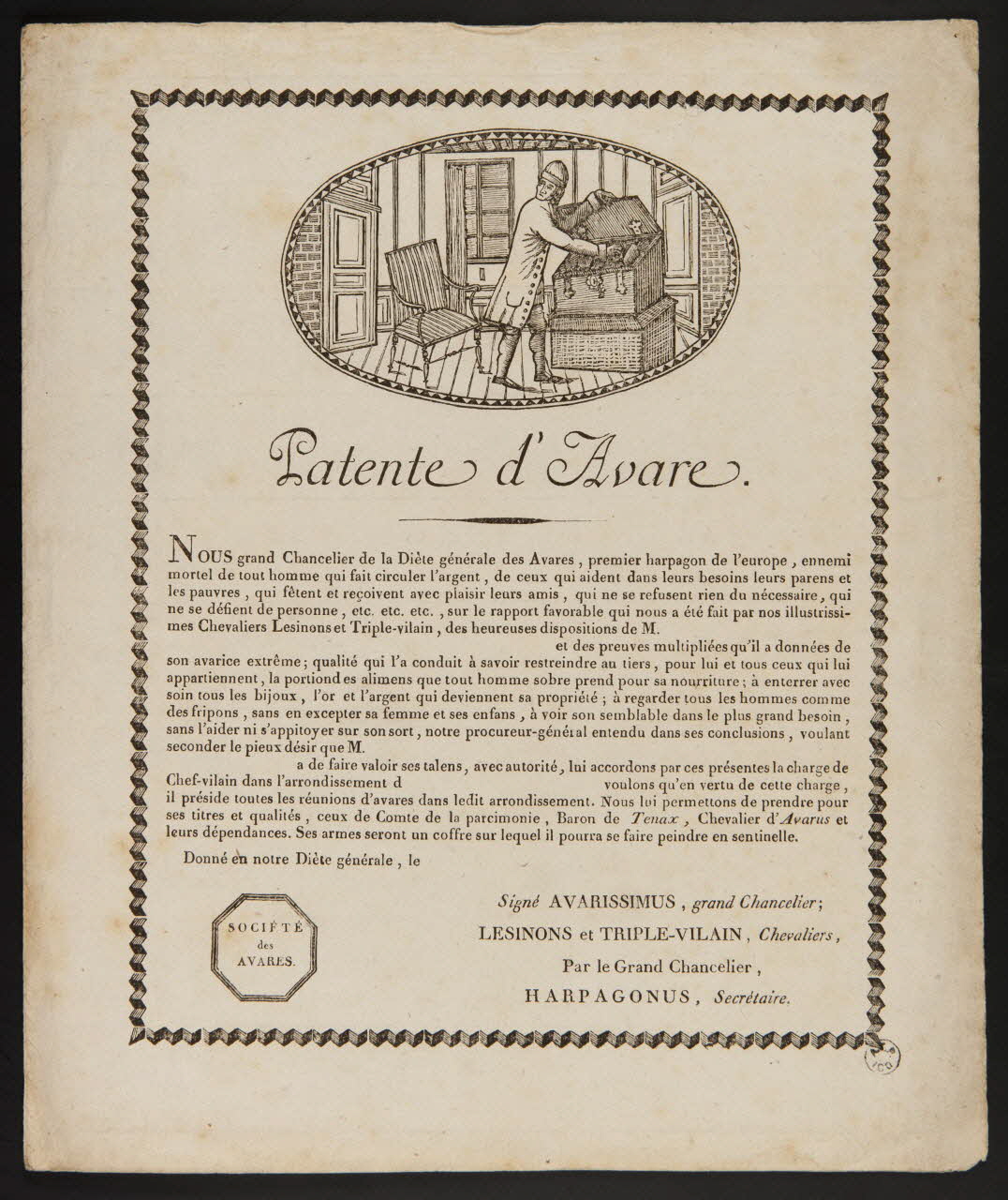 estampe Patente d'Avare. 1962.124.5 Photo