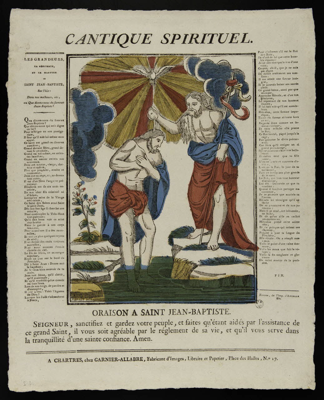Fleuret ; Jacques-Pierre Garnier-Allabre ; Pierre Mignard ; Jean-Jacques Ancelle imagerie ancienne CANTIQUE SPIRITUEL.  ORAISON A SAINT JEAN-BAPTISTE. Centre-Val de Loire, France 1822-1823 1962.44.2 Photo