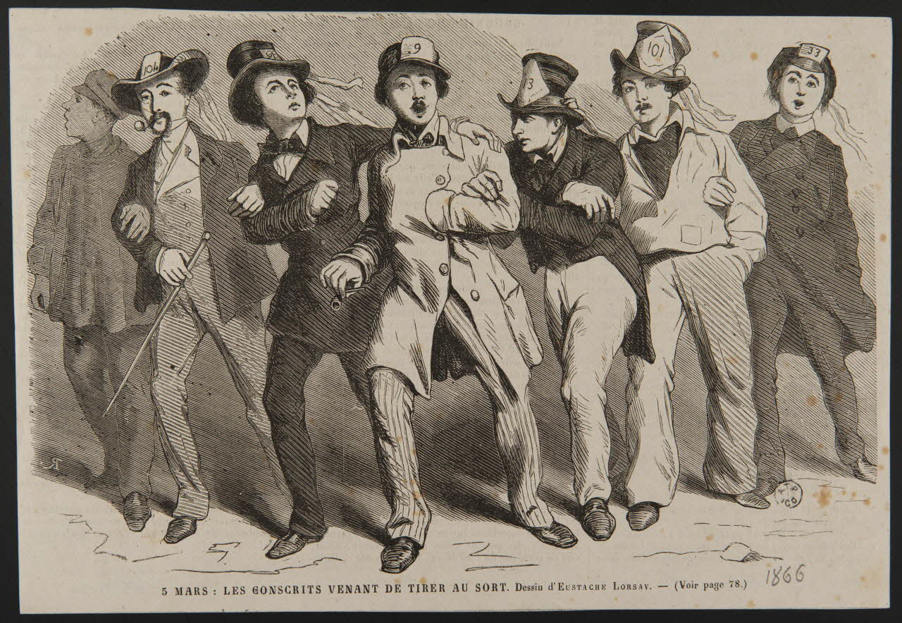 estampe 5 MARS : LES CONSCRITS VENANT DE TIRER AU SORT. 1963.117.45 Photo