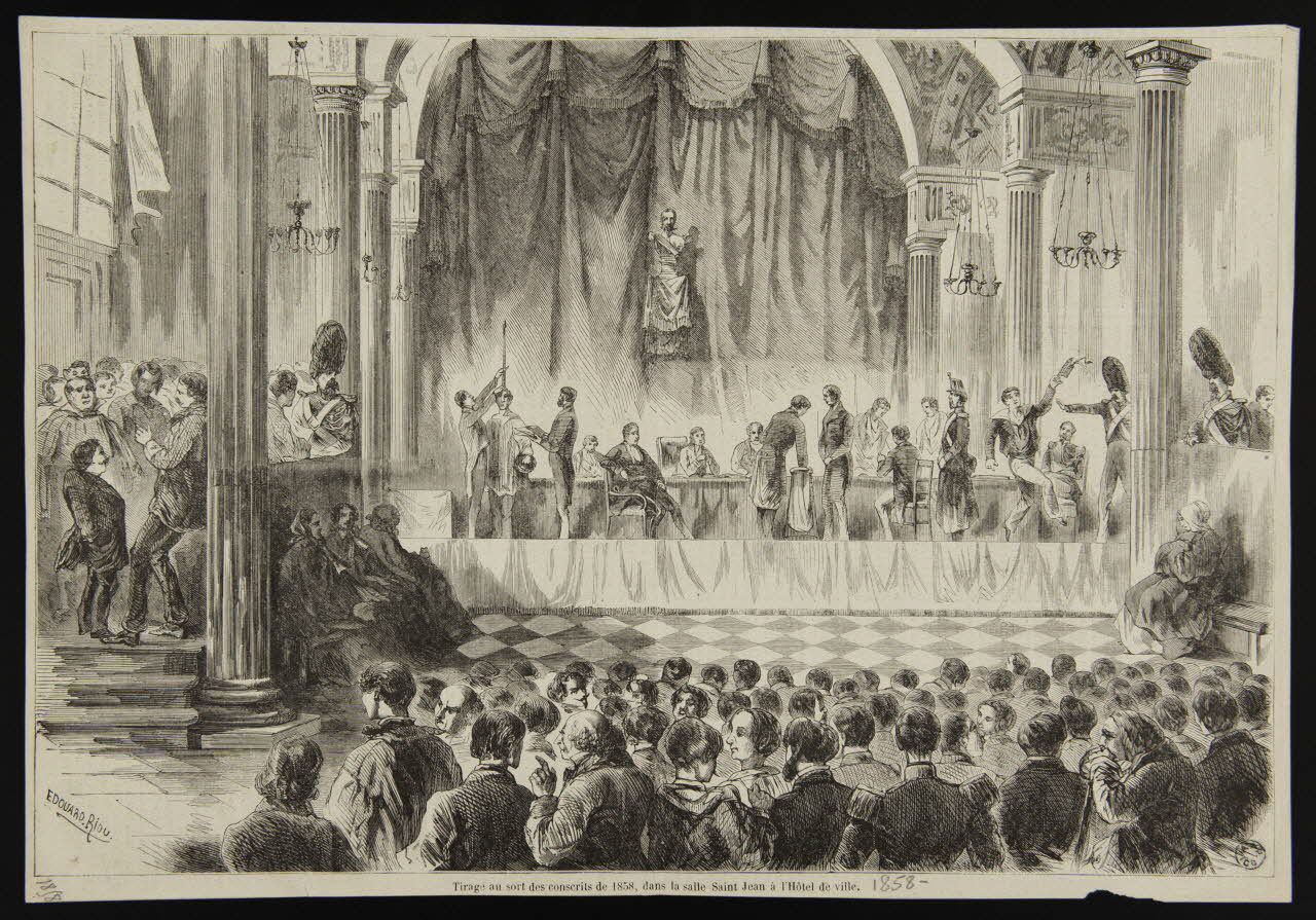 estampe Tirage au sort des conscrits de 1858, dans la salle Saint Jean à l'Hôtel de villle. 1963.117.50 Photo