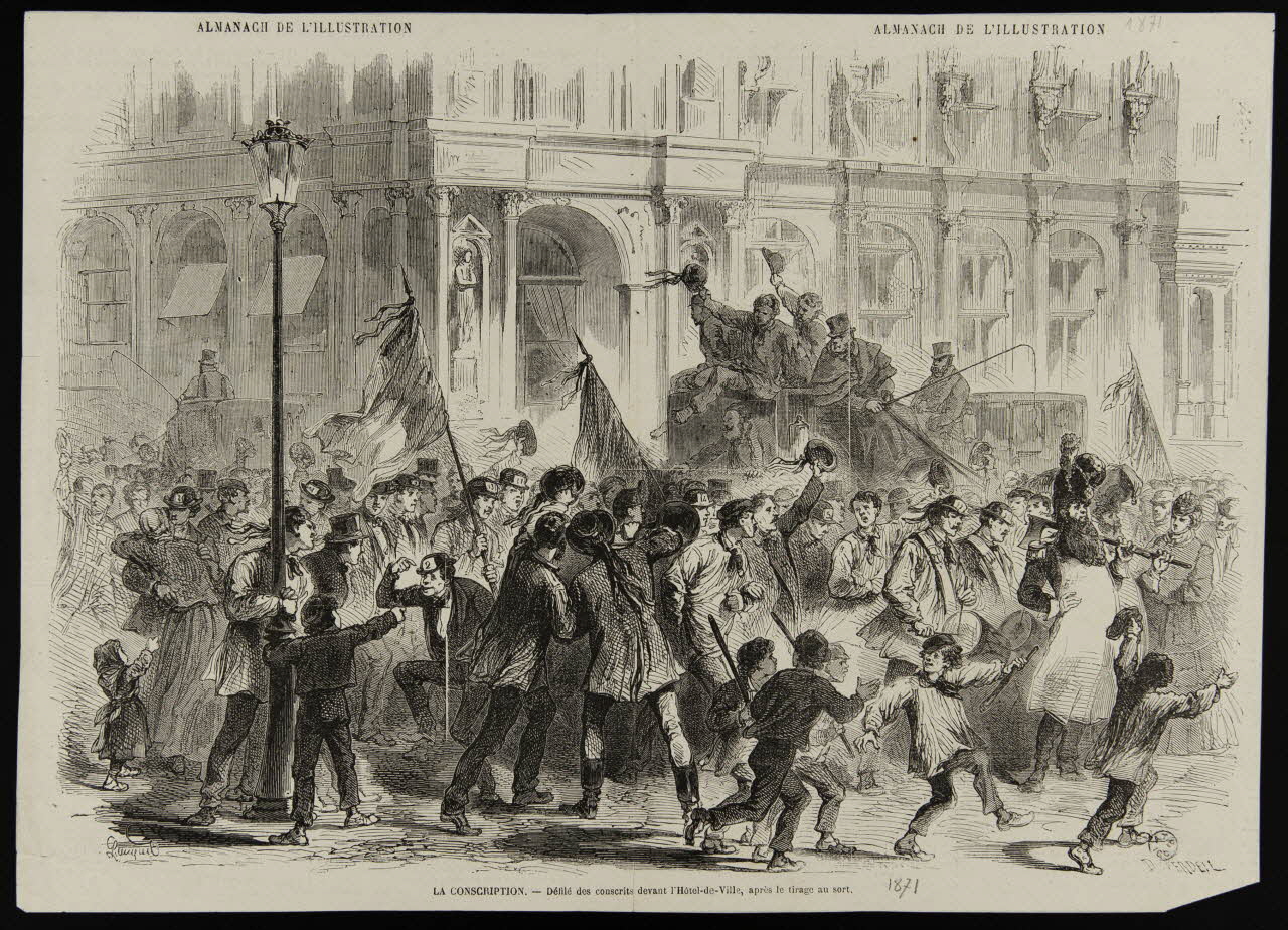 estampe LA CONSCRITPTION. - Défilé des conscrits devant l'Hôtel-de-Ville, après le tirage au sort. 1963.117.51 Photo