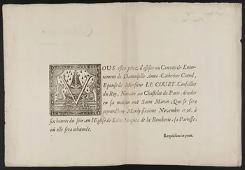 estampe VOUS estes priez d'assister au Convoy & Enter-  rement de Damoiselle Anne-Catherine Cornil,  (...)  Requiescat in pace. 1736 1963.124.3  Photo