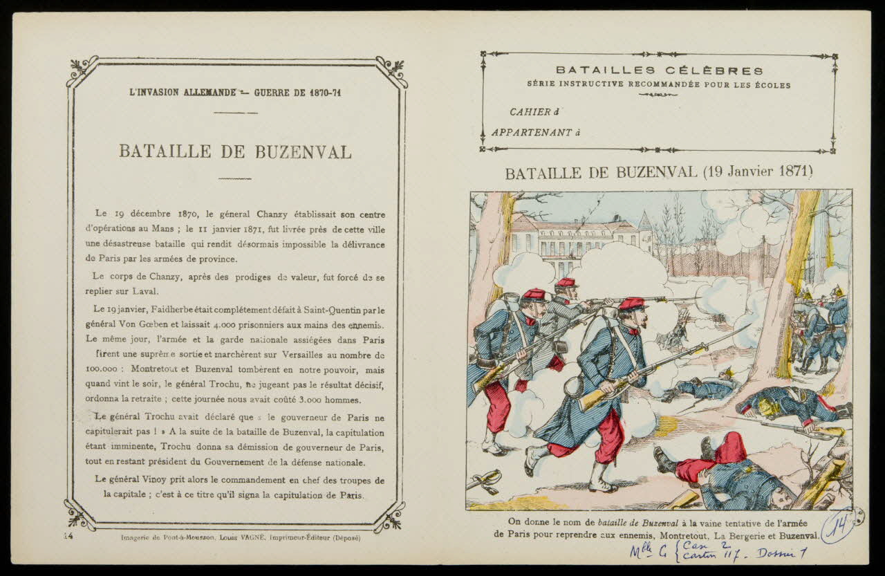 Louis Vagné protège-cahier, élément d'ensemble BATAILLES CÉLÈBRES  SÉRIE INSTRUCTIVE RECOMMANDÉE POUR LES ÉCOLES  BATAILLE DE BUZENVAL (19 Janvier 1871) Pont-à-Mousson 1903 1963.144.14 Photo