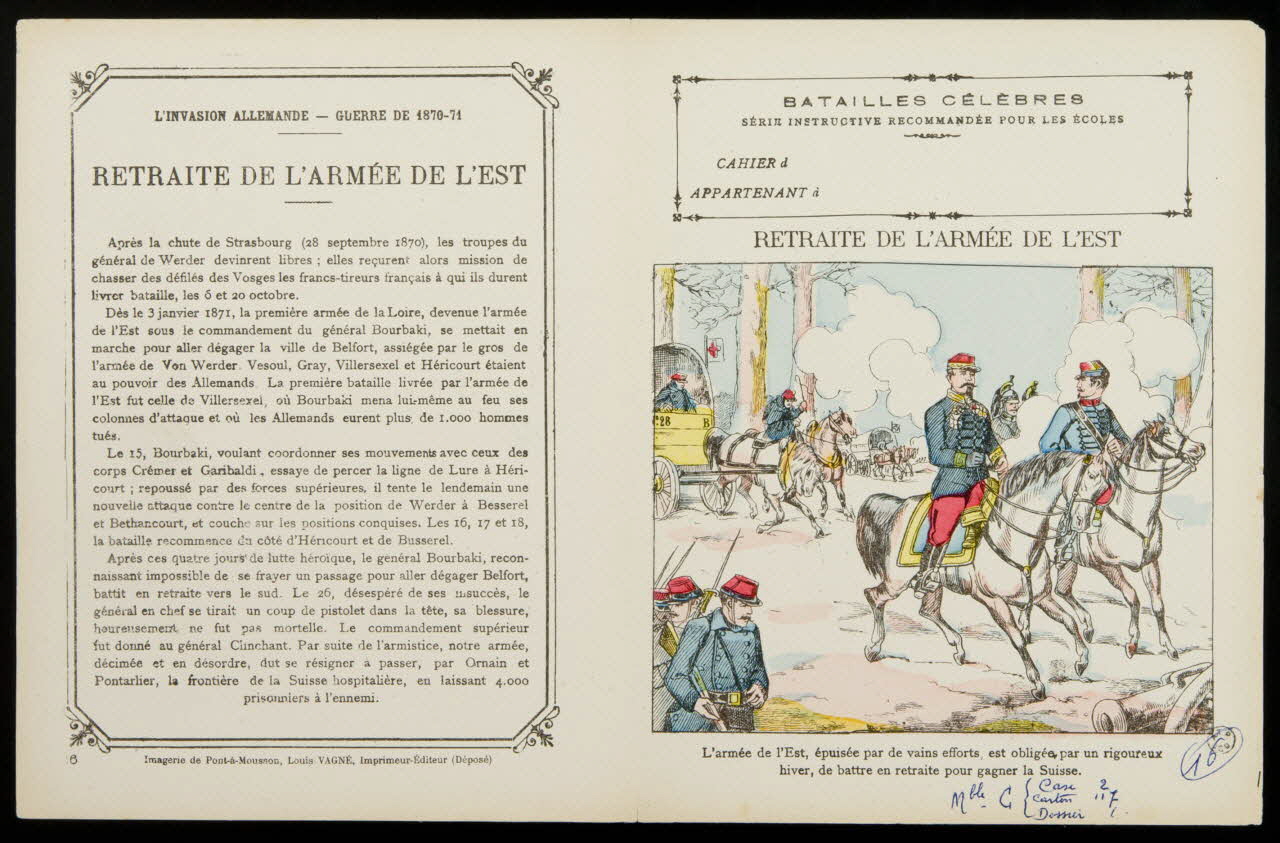 Louis Vagné protège-cahier, élément d'ensemble BATAILLES CÉLÈBRES  SÉRIE INSTRUCTIVE RECOMMANDÉE POUR LES ÉCOLES  RETRAITE DE L'ARMEE DE L'EST Pont-à-Mousson 1903 1963.144.16 Photo