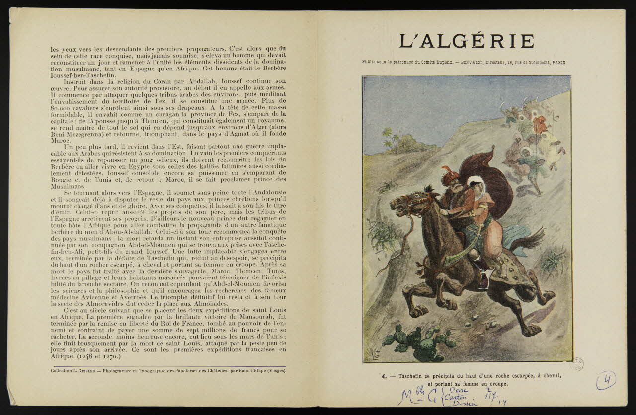 estampe L'ALGERIE  4. - Taschefin se précipita du haut d'une roche escarpée, à cheval, et portant sa femme en croupe. 1963.144.160 Photo