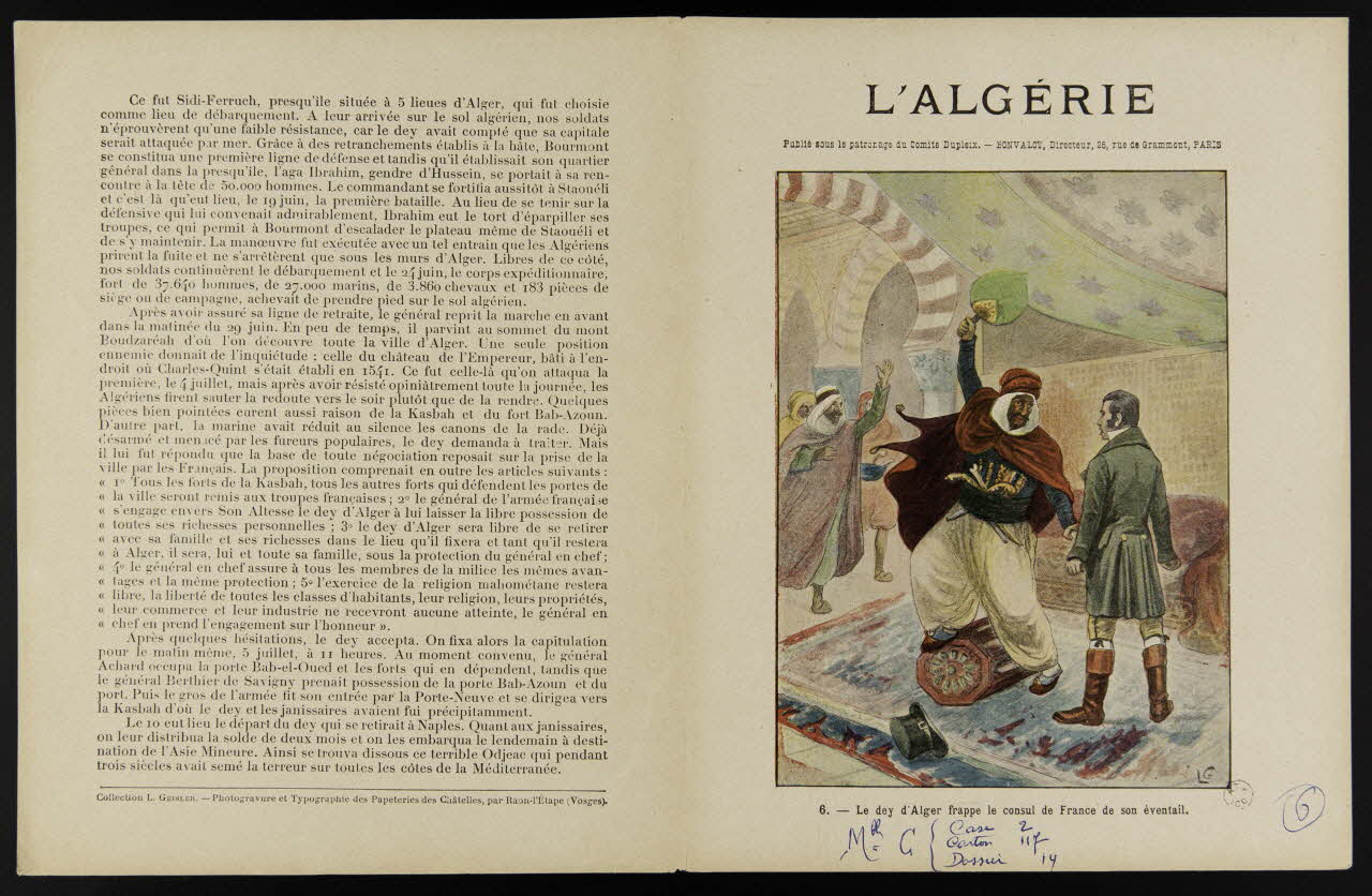 estampe L'ALGERIE  6. - Le dey d'Alger frappe le consul de France de son éventail. 1963.144.162 Photo
