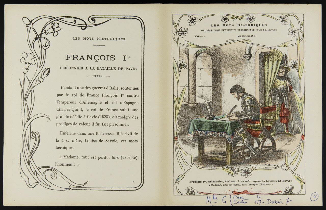 estampe LES MOTS HISTORIQUES  FRANCOIS Ier  PRISONNIER A LA BATAILLE DE PAVIE 1963.144.66 Photo