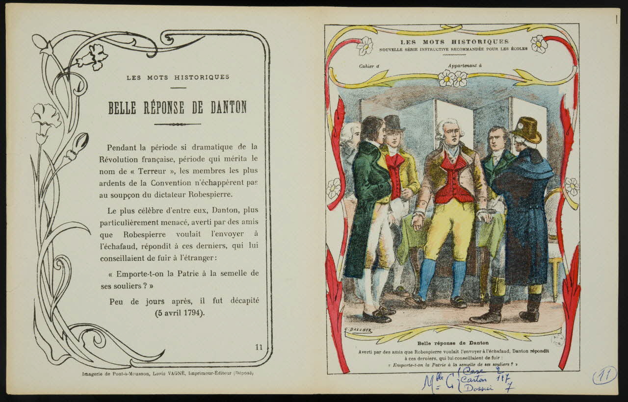 Dascher G. ; Louis Vagné protège cahier LES MOTS HISTORIQUES  BELLE REPONSE DE DANTON. Pont-à-Mousson 1903-1914 1963.144.73 Photo