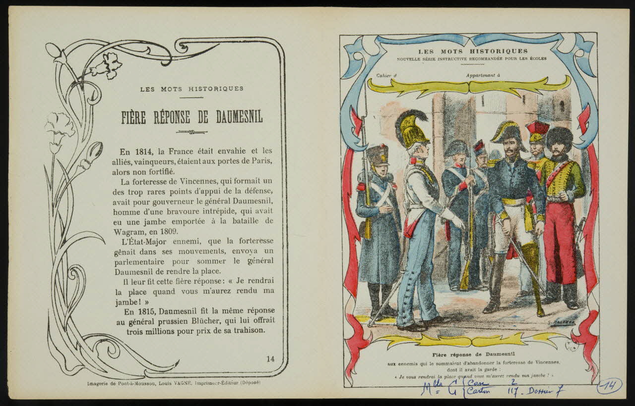 estampe LES MOTS HISTORIQUES  FIERE REPONSE DE DAUMESNIL 1963.144.76 Photo