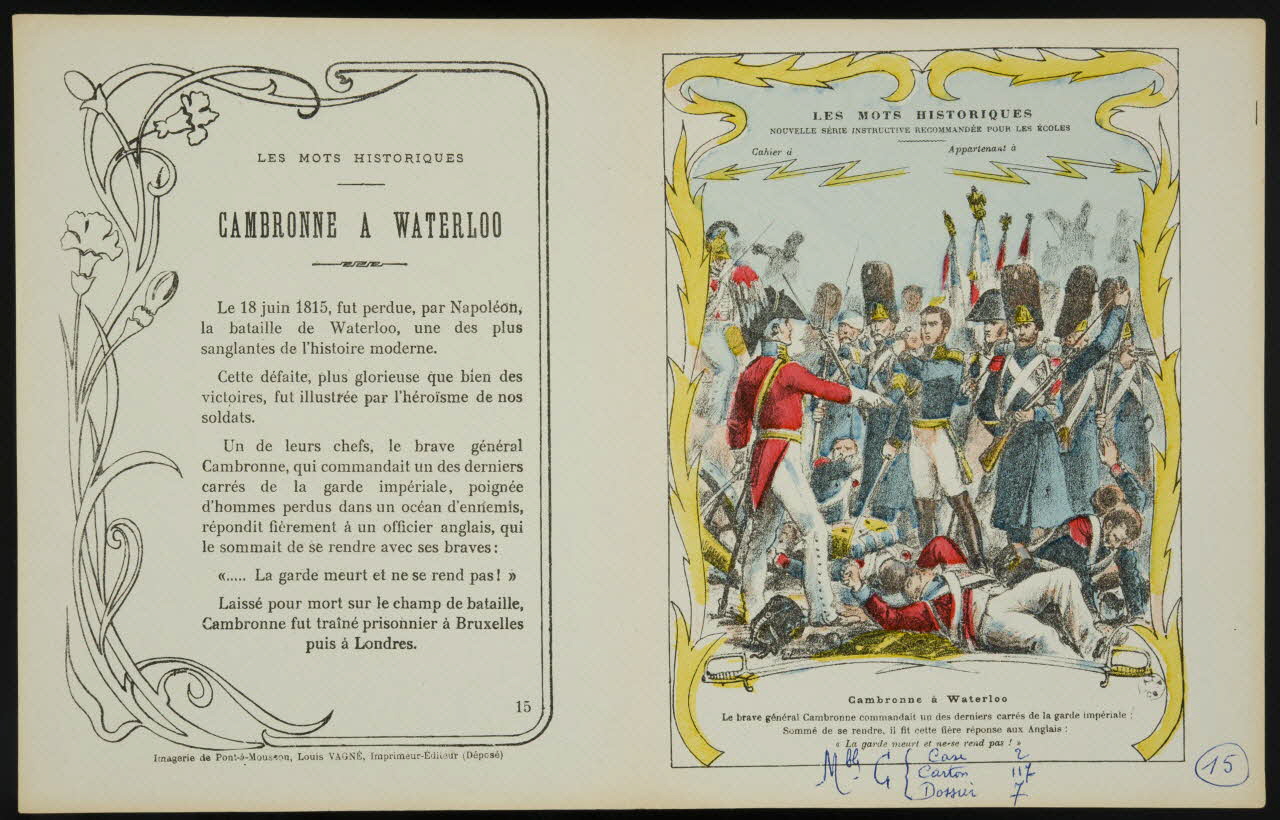 estampe LES MOTS HISTORIQUES  CAMBRONNE A WATERLOO 1963.144.77 Photo
