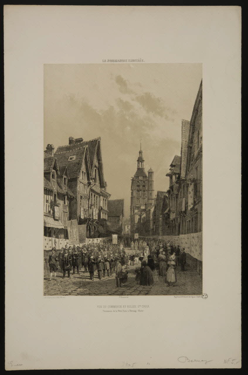 estampe LA NORMANDIE ILLUSTREE.  RUE DU COMMERCE ET EGLISE STE CROIX.  Procession de la Fête-Dieu à Bernay. (Eure) 1963.5.17 Photo