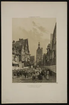 estampe LA NORMANDIE ILLUSTREE.  RUE DU COMMERCE ET EGLISE STE CROIX.  Procession de la Fête-Dieu à Bernay. (Eure) 1963.5.17 Photo