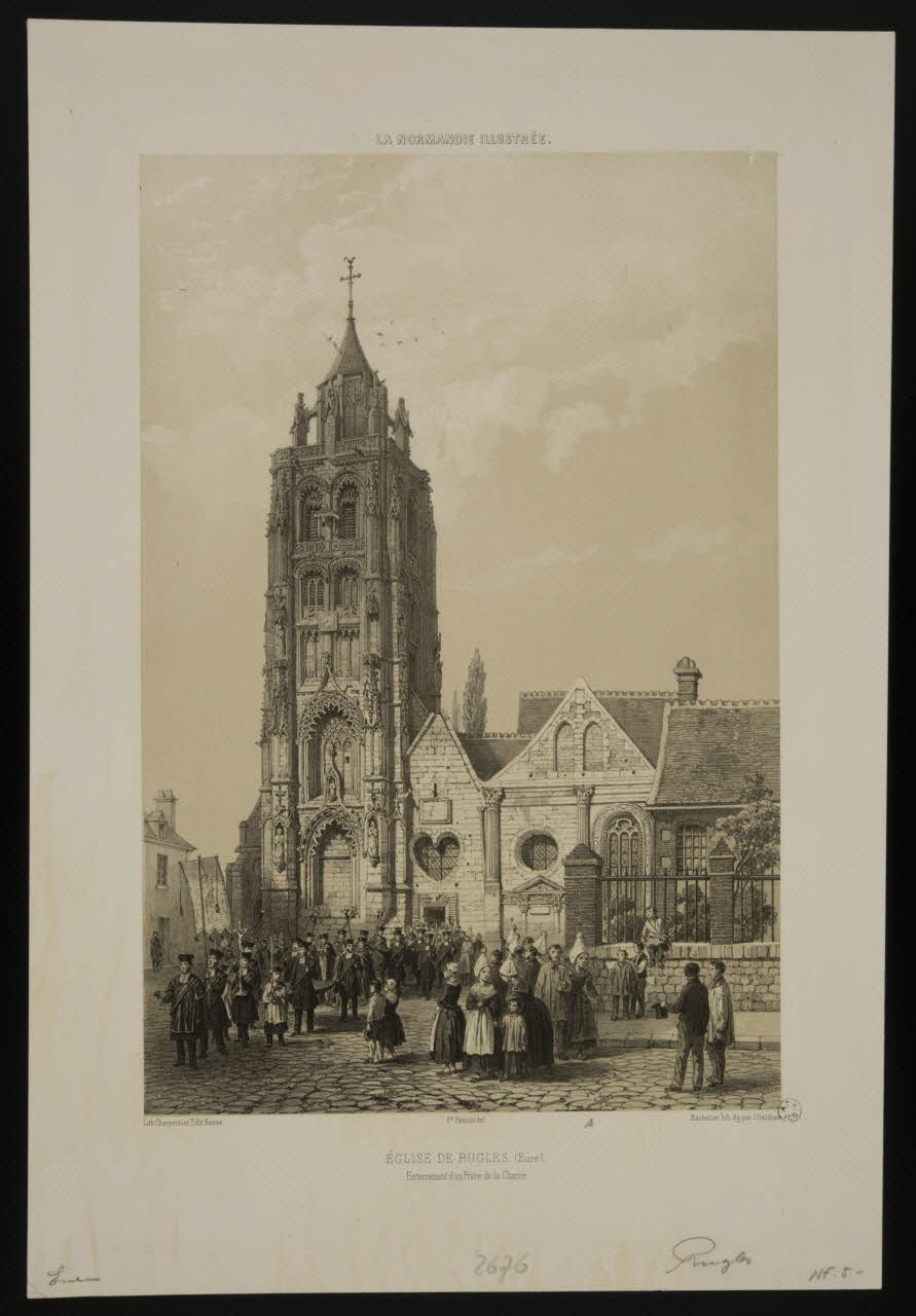 estampe LA NORMANDIE ILLUSTREE.  EGLISE DE RUGLES. (Eure).  Enterrement d'un Frère de la Charité. 1963.5.18 Photo