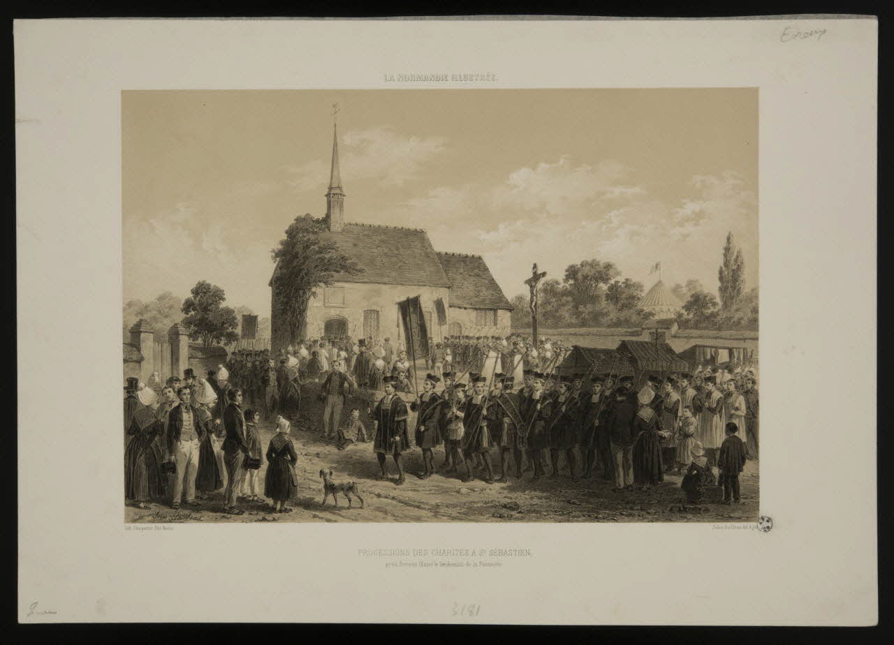 estampe LA NORMANDIE ILLUSTREE.  PROCESSIONS DES CHARITES A ST. SEBASTIEN,  près Evreux (Eure) le lendemain de la Pentecôte. 1963.5.19 Photo