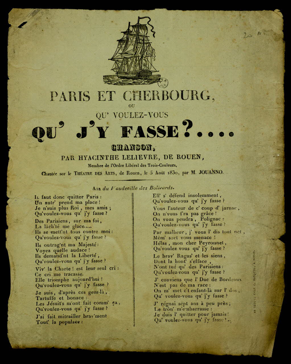 Bloquel Charles ; Bloquel-Gallier Charles imagerie ancienne PARIS ET CHERBOURG,  OU  QU'VOULEZ-VOUS  QU'J'Y FASSE ?.... Rouen 1825-1835 1963.64.5 Photo
