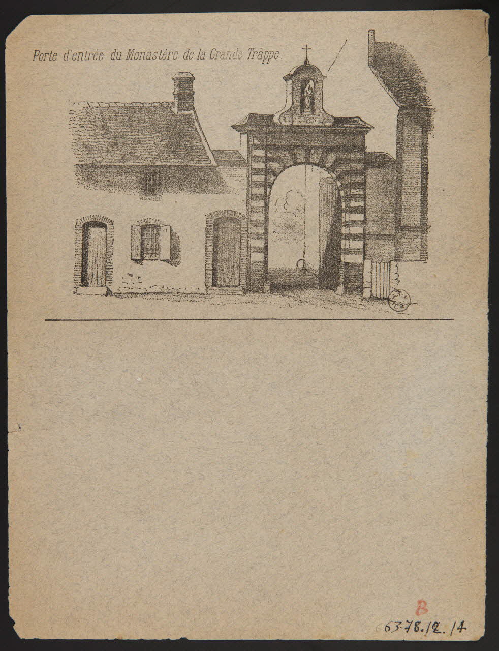 estampe Porte d'entrée du Monastère de la Grande Trâppe. 1963.78.12.14 Photo
