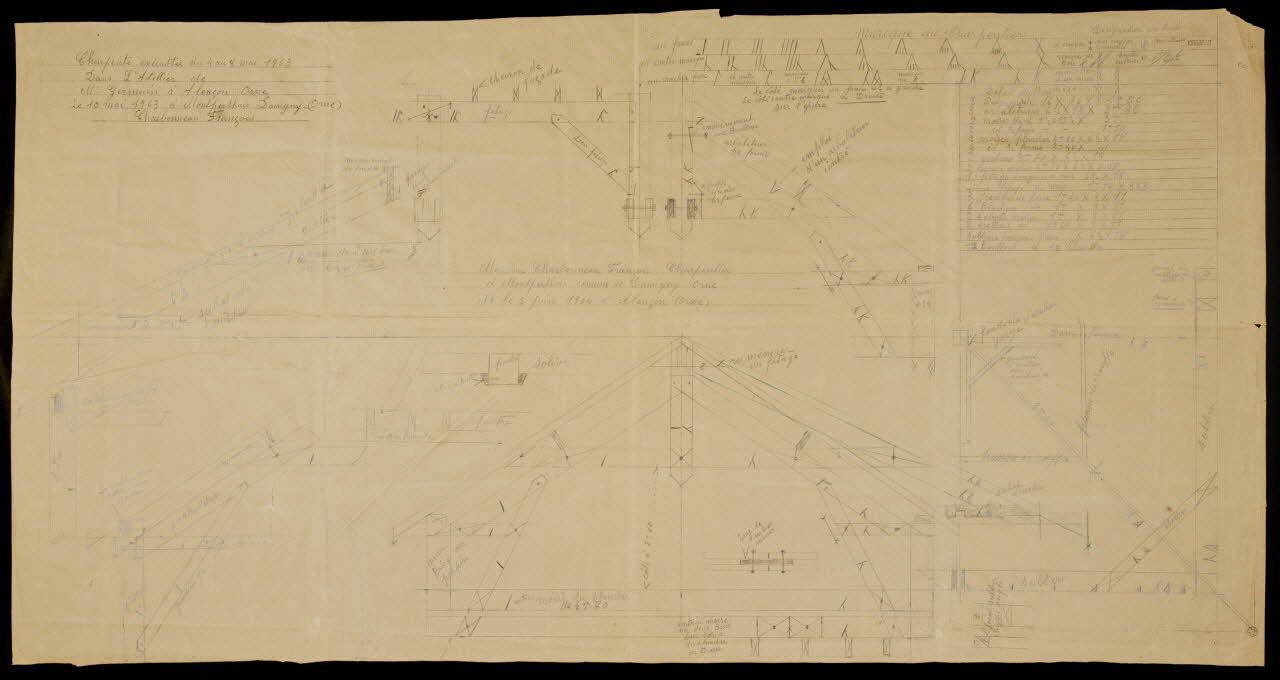 François Charbonneau EPURE Charpente exécutée du 4 au 8 mai 1963  Dans L'Atelier de  M. Germain à Alençon Orne 1963/5/10 1963.88.25 Photo